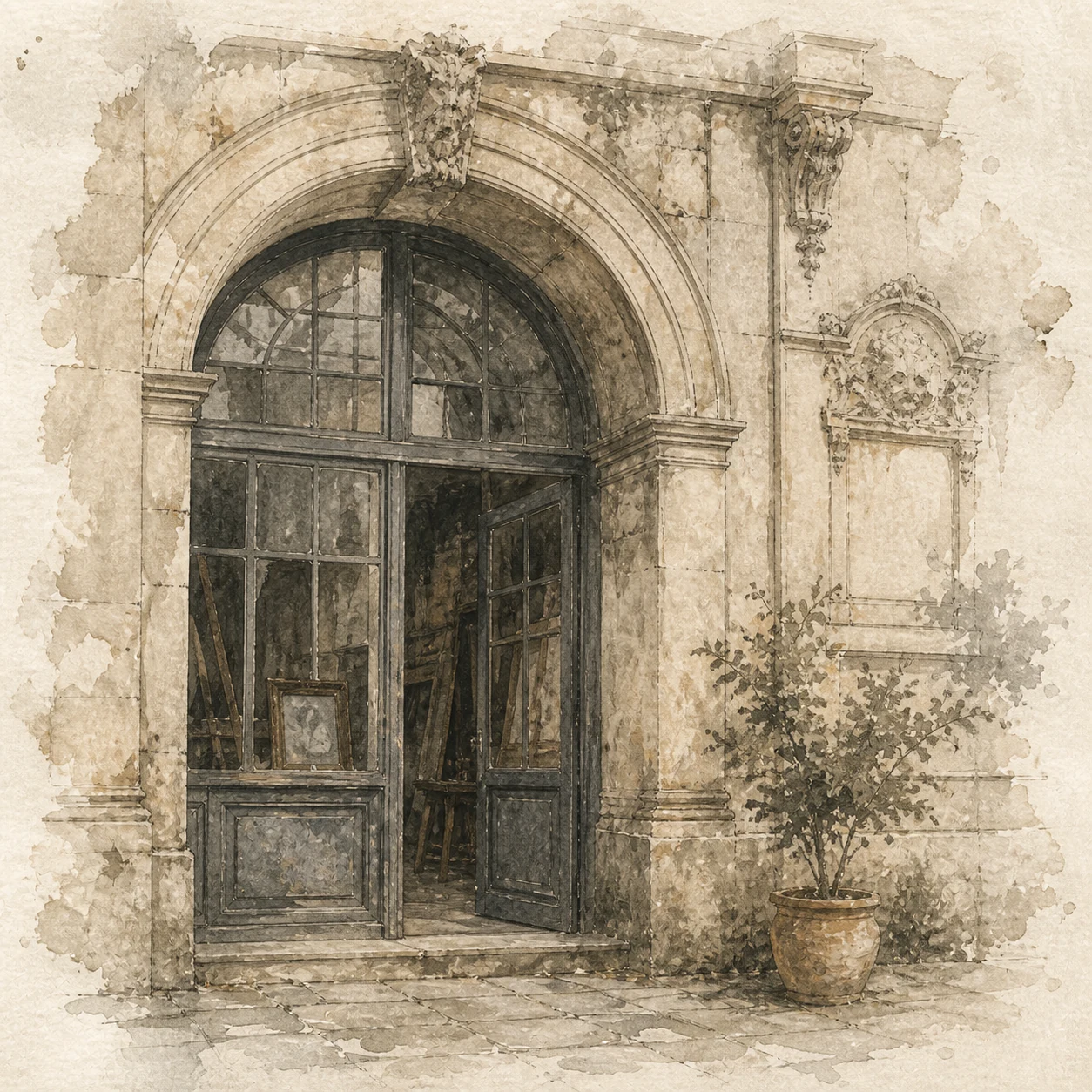 Sepia watercolour of an arched doorway standing partly open